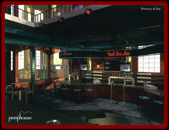 "The Pumphouse," view of the bar / beverage service area, house brewery, and temporary stage